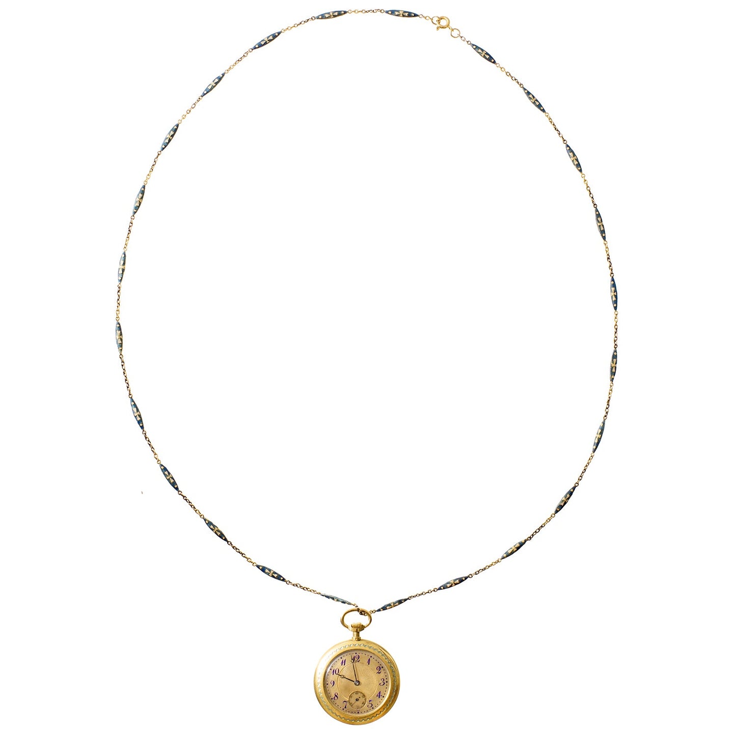 Estate Collection - Antique Gold Blue Enamel Pendant Watch on Chain