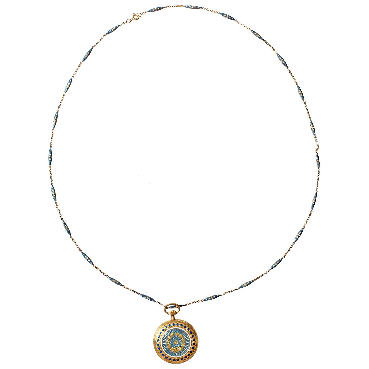Estate Collection - Antique Gold Blue Enamel Pendant Watch on Chain