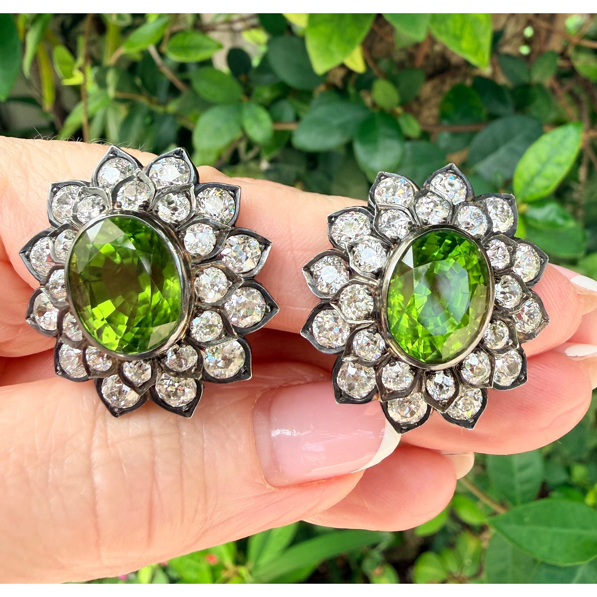 Estate Collection - Antique Peridot Diamond Floral Cluster Earrings