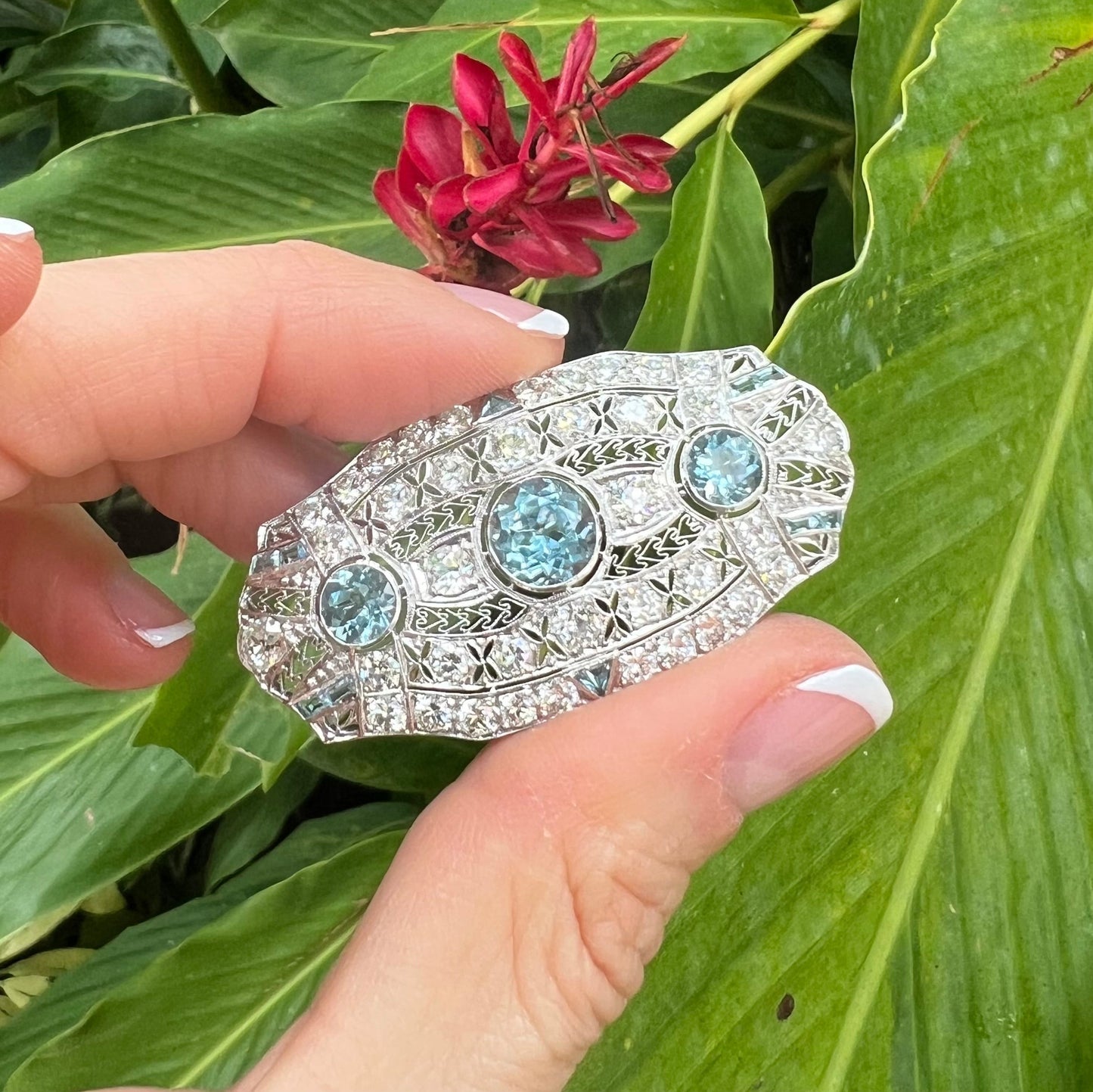 Estate Collection - Edwardian Platinum Aquamarine Diamond Brooch