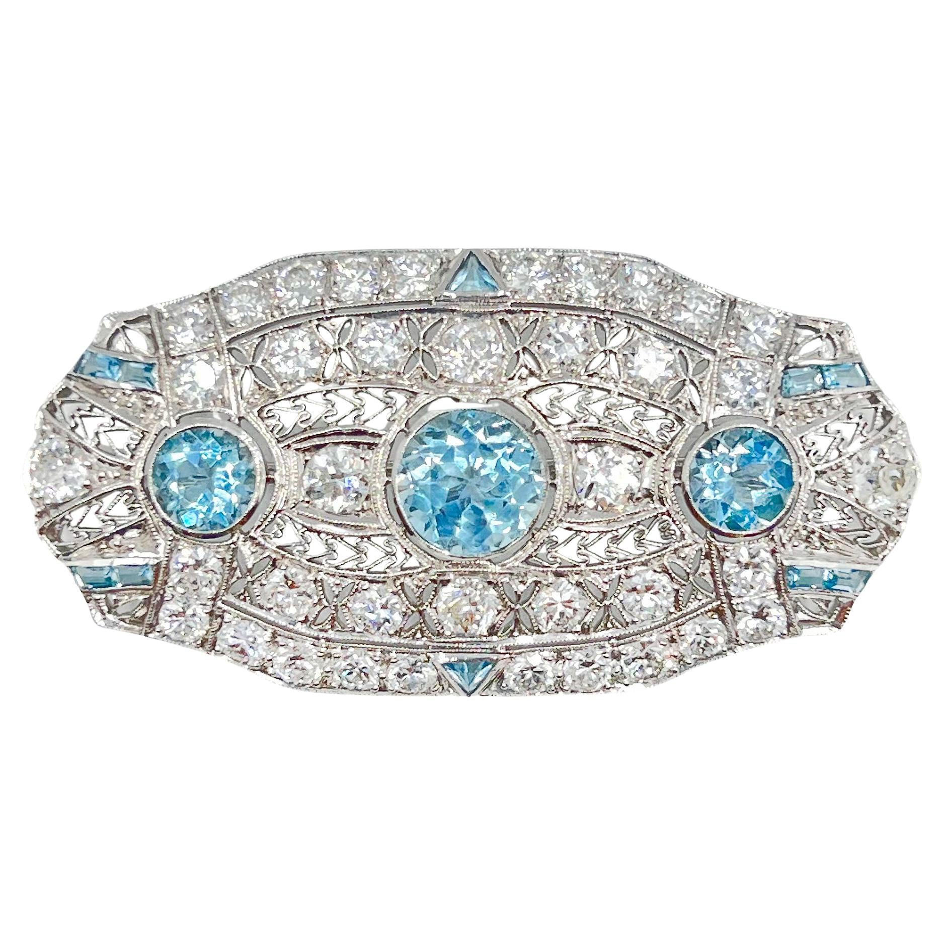 Estate Collection - Edwardian Platinum Aquamarine Diamond Brooch