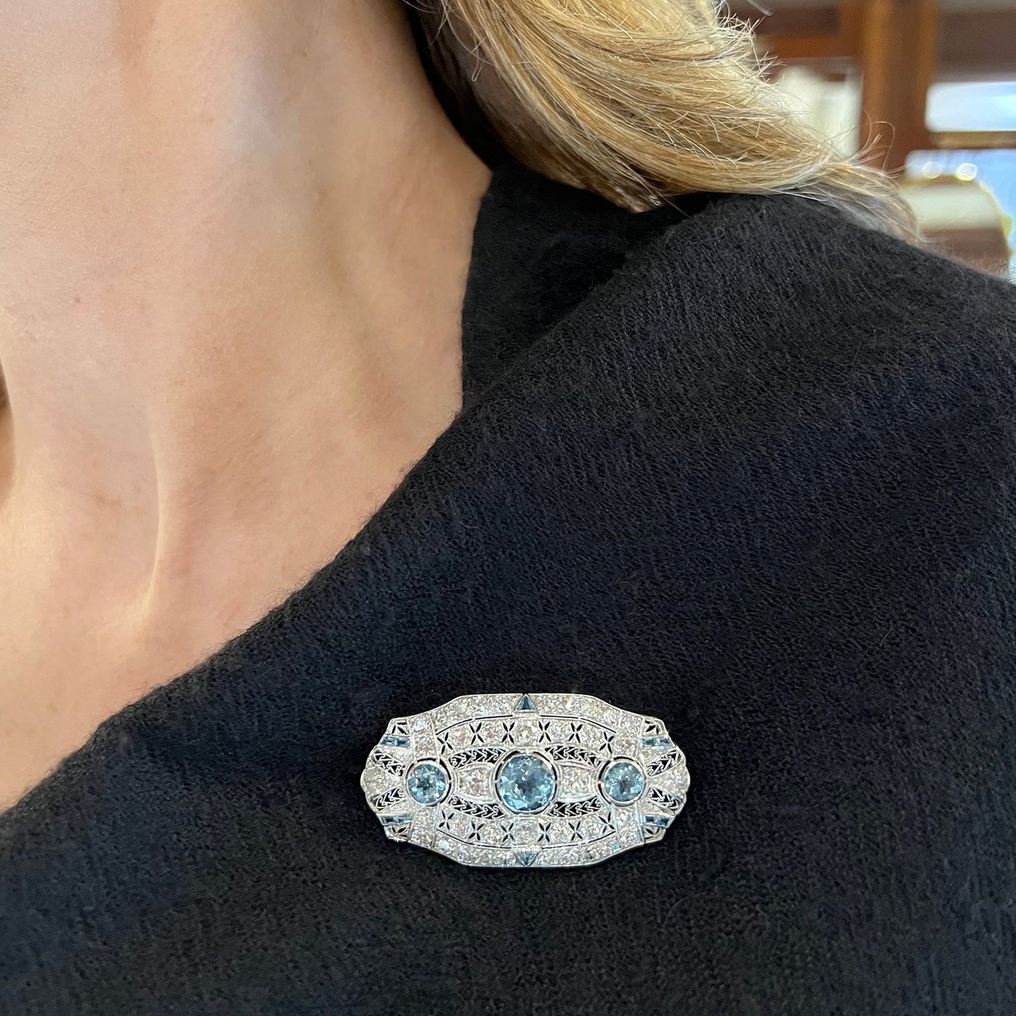 Estate Collection - Edwardian Platinum Aquamarine Diamond Brooch
