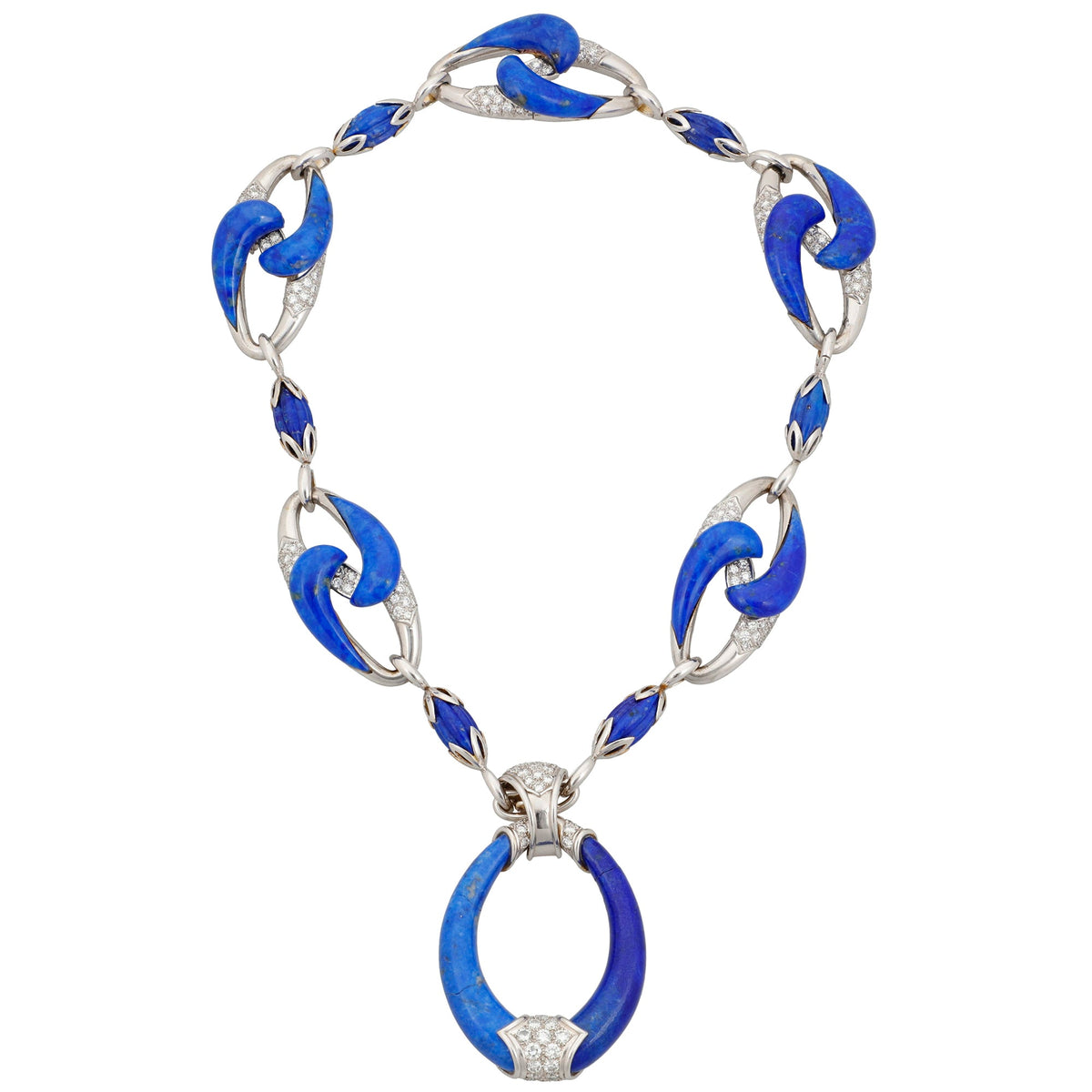 Estate Collection - French 18k White Gold Lapis Lazuli Diamond Pendant Necklace