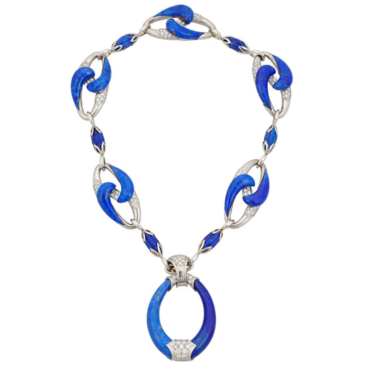 Estate Collection - French 18k White Gold Lapis Lazuli Diamond Pendant Necklace