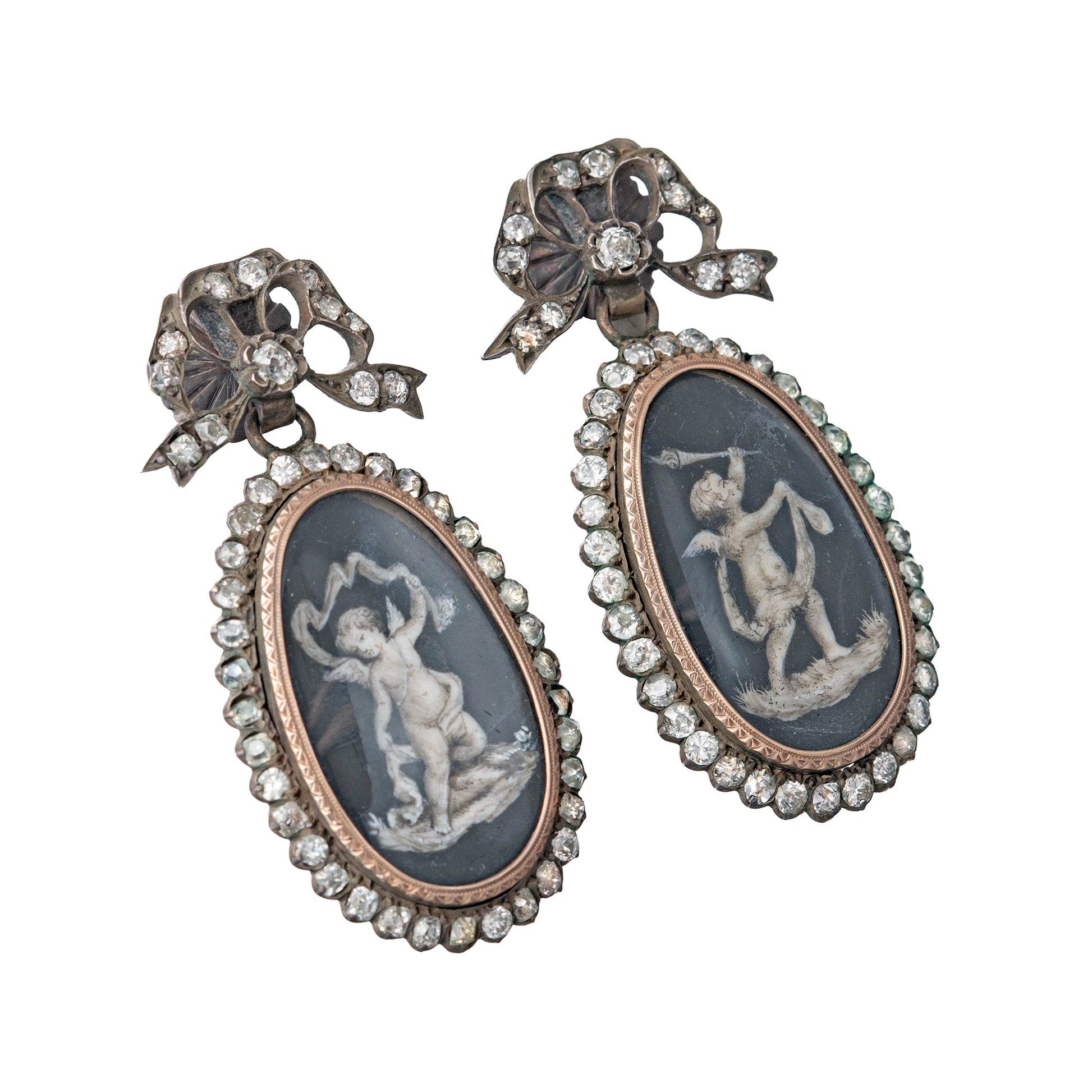 Estate Collection - Georgian Silver & Gold Painted Porcelain Cherub Diamond Earrings