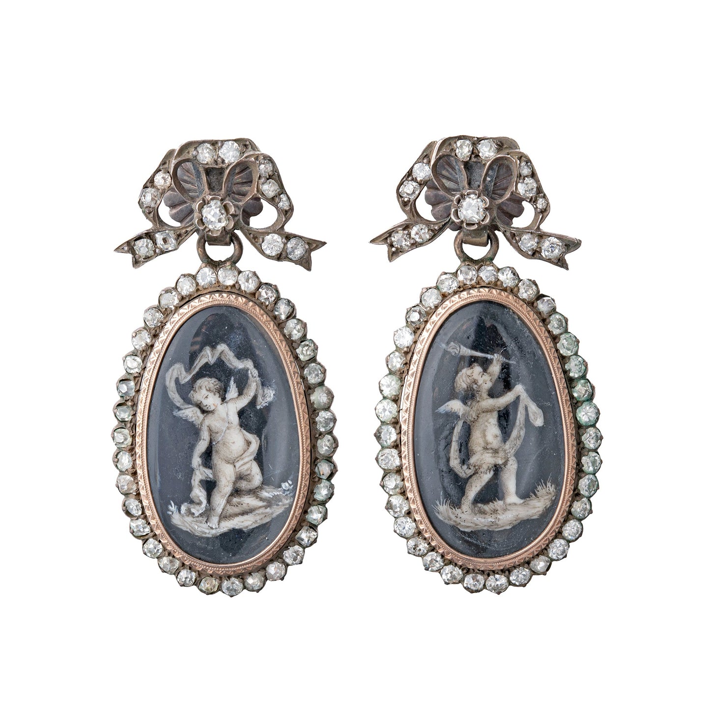 Estate Collection - Georgian Silver & Gold Painted Porcelain Cherub Diamond Earrings