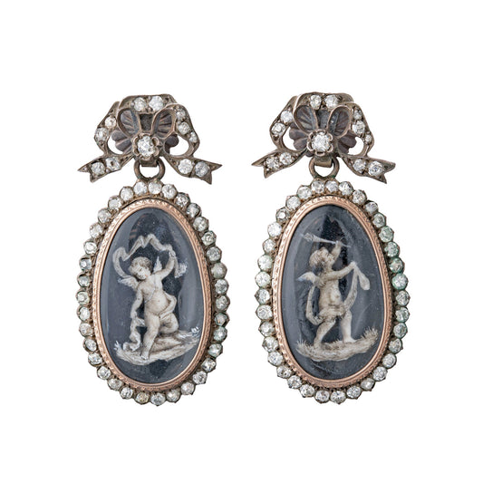 Estate Collection - Georgian Silver & Gold Painted Porcelain Cherub Diamond Earrings