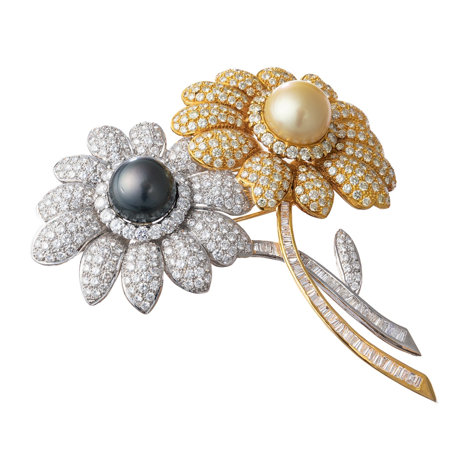 Estate Collection - Pave Diamond Pearl Double Flower Brooch