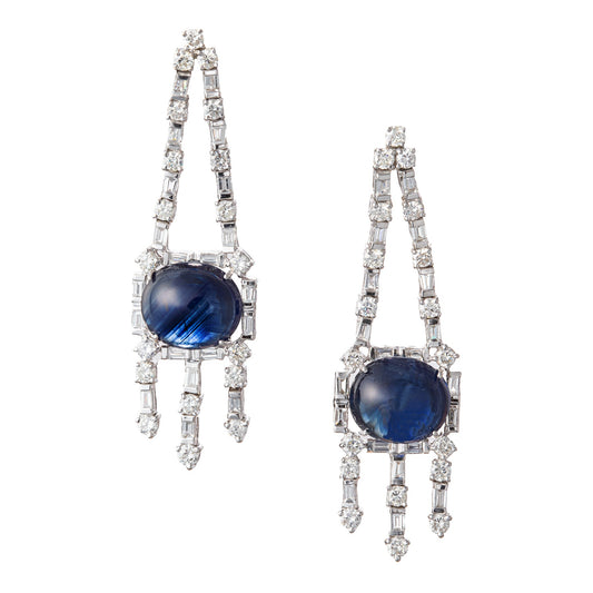 Estate Collection - Platinum Cabochon Sapphire Diamond Chandelier Earrings