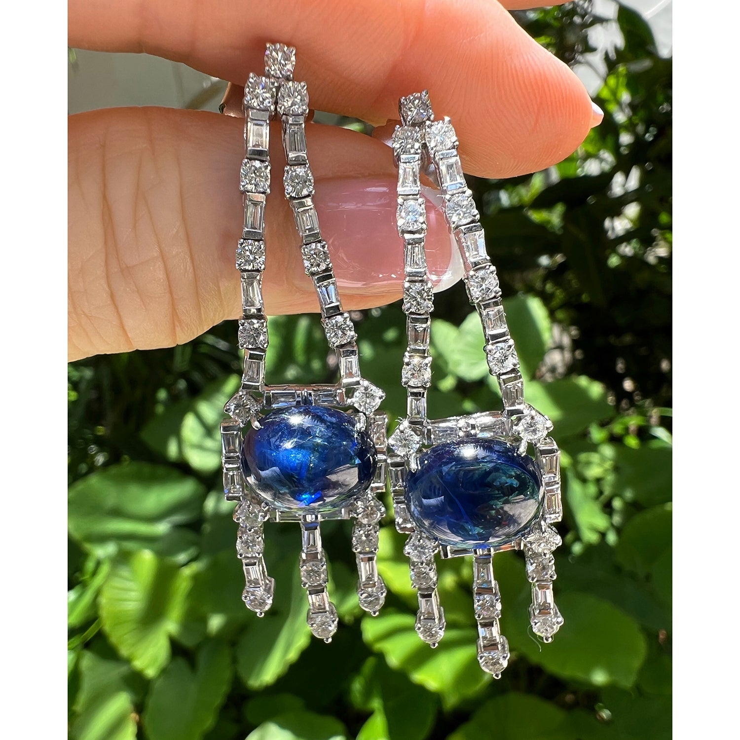 Estate Collection - Platinum Cabochon Sapphire Diamond Chandelier Earrings