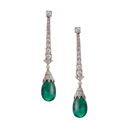 Estate Collection - Platinum Diamond Emerald Bead Drop Earrings