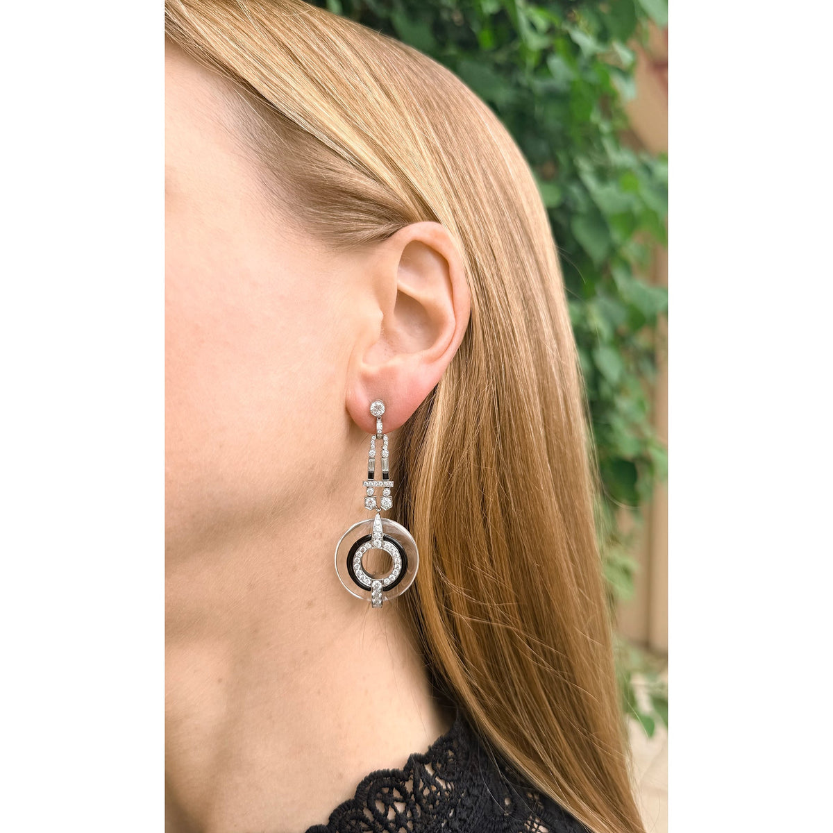 Estate Collection - Platinum Rock Crystal Onyx Diamond Drop Earrings