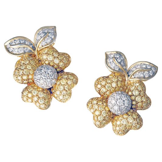 Estate Collection - Yellow & White Pavé Diamond Flower Earrings