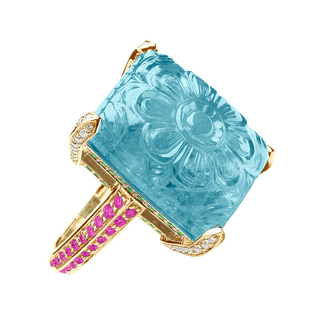 Goshwara - Aquamarine Pink Sapphire Tsavorite Diamond Ring