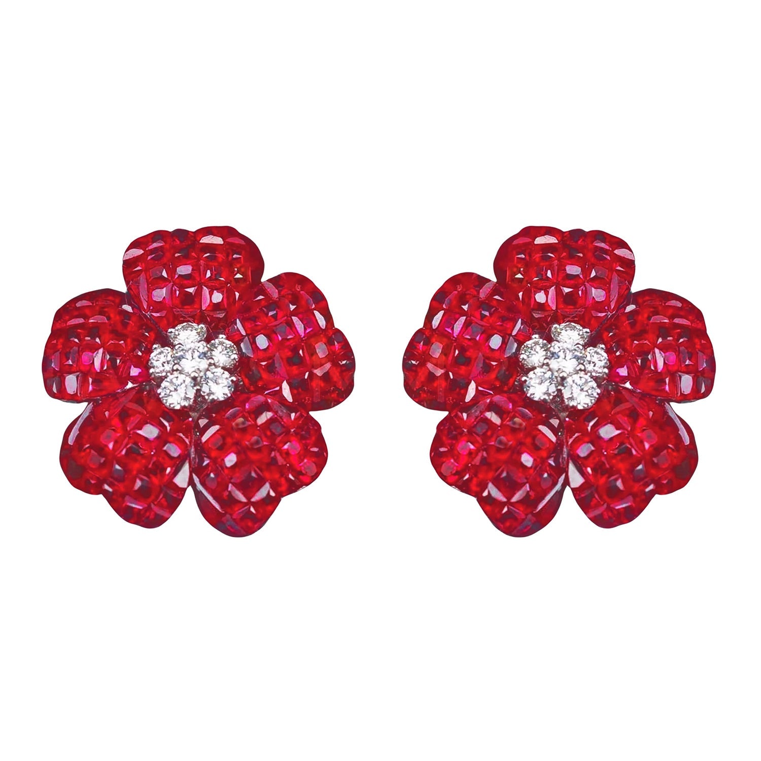 Greenleaf & Crosby - Medium Invisibly - Set Ruby Diamond Flower Earrings