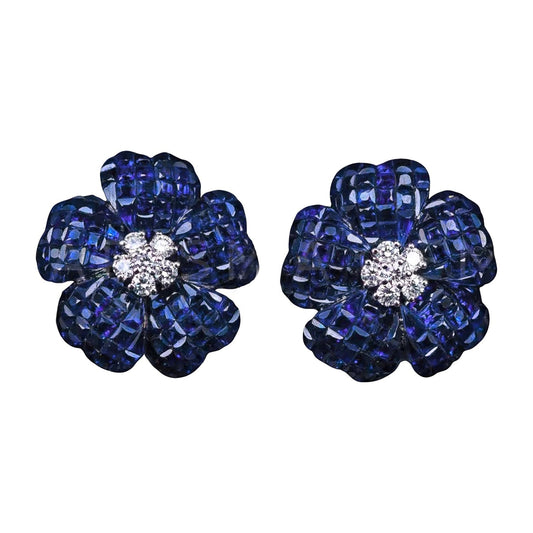 Greenleaf & Crosby - Medium Invisibly - Set Sapphire Diamond Flower Earrings