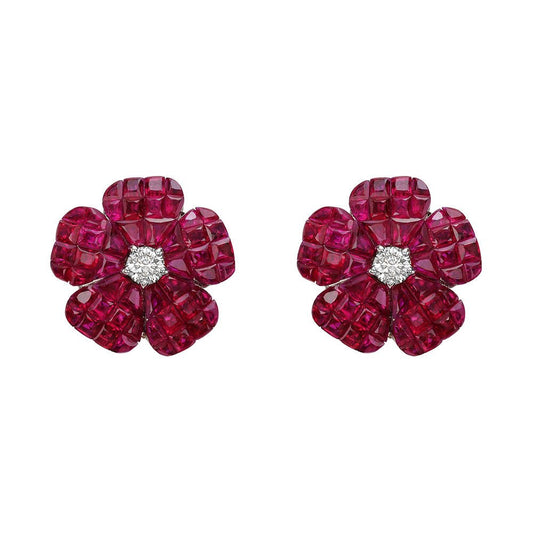Greenleaf & Crosby - Small Invisibly - Set Ruby Diamond Flower Earrings