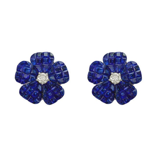 Greenleaf & Crosby - Small Invisibly - Set Sapphire Diamond Flower Earrings