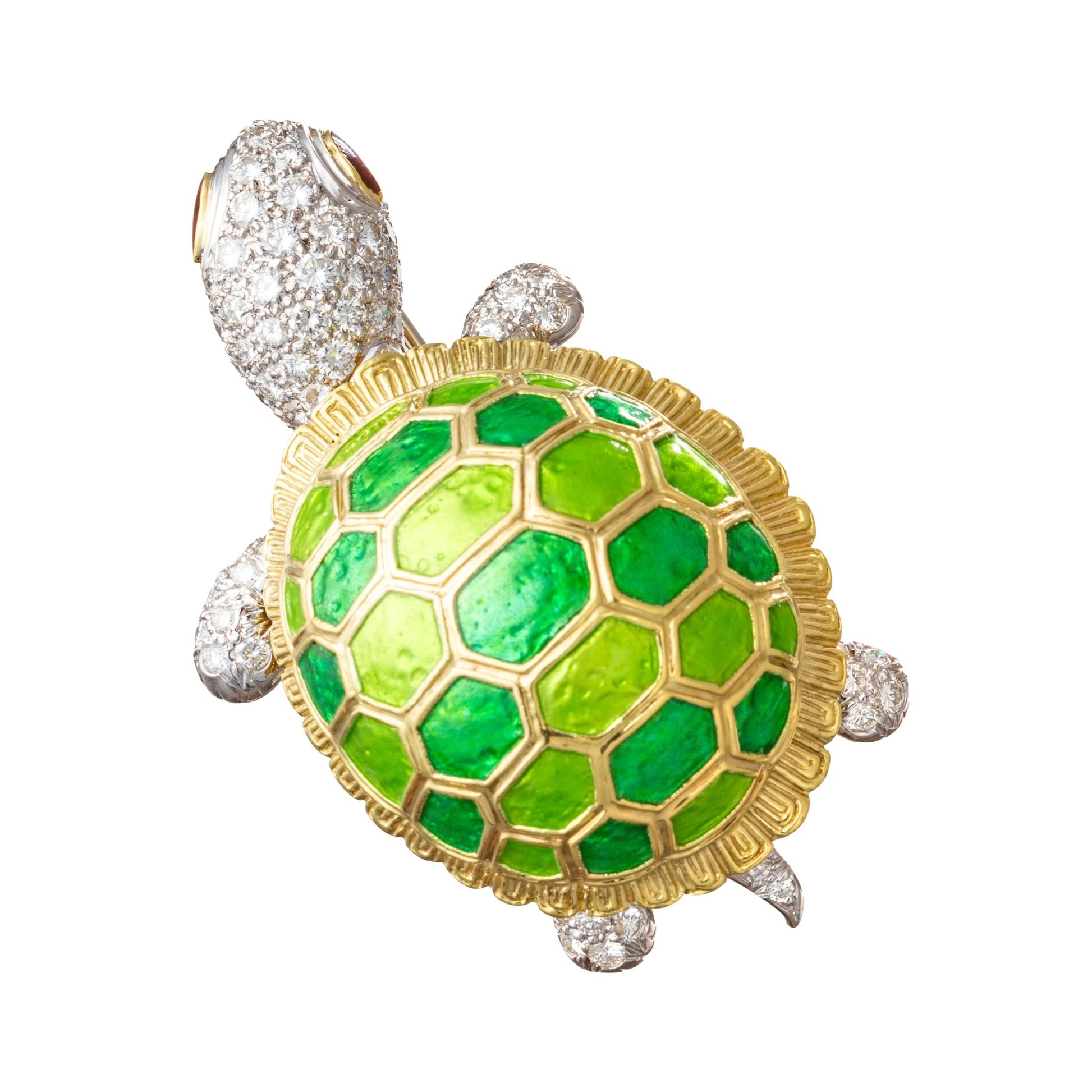 Hammerman Brothers - 18k Gold Green Enamel Diamond Turtle Brooch