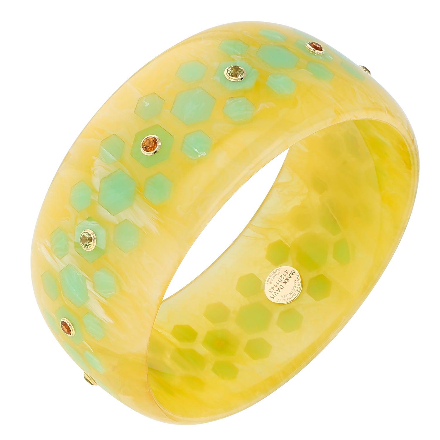 Mark Davis - Marbled Translucent Yellow Bakelite Hexagon Inlays Gemstone Bangle