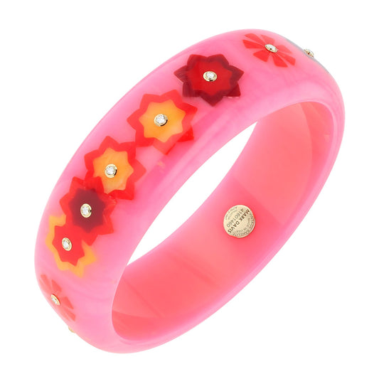Mark Davis - Pink Red Yellow Bakelite Flowers White Topaz Bangle