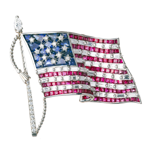 Estate Oscar Heyman Platinum Ruby Diamond Sapphire American Flag Pin