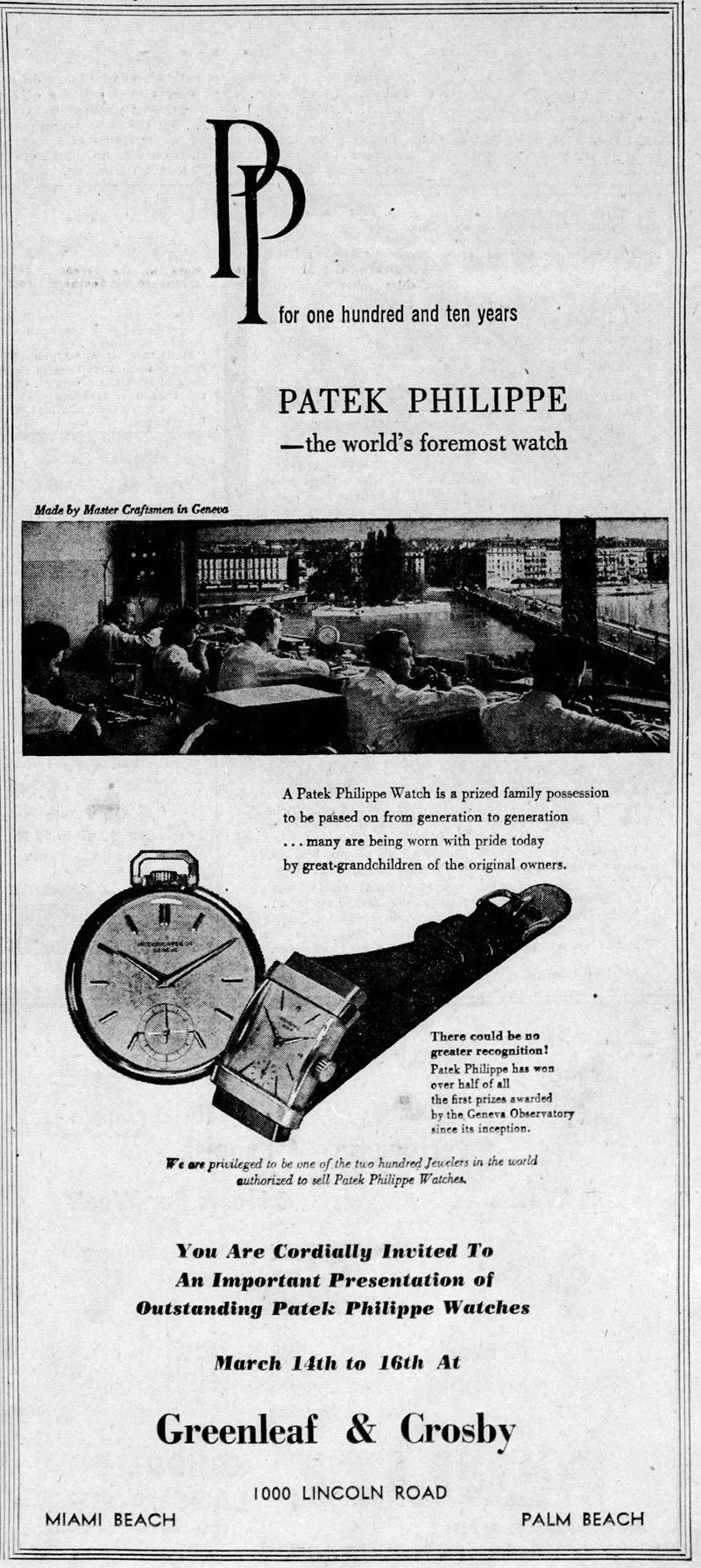Patek Philippe newspaper advertisement with Greenleaf & Crosby, Miami Herald, 1950