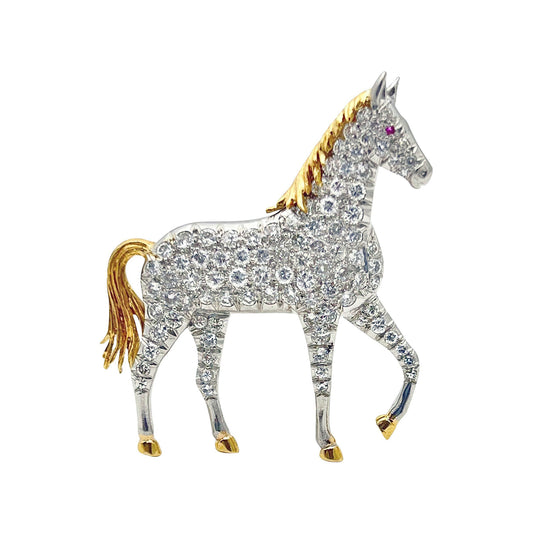 Estate Platinum 18k Gold Pave Diamond Horse Pin