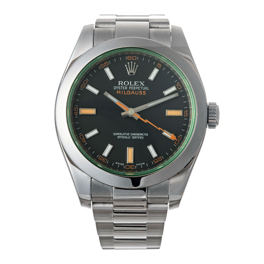 Pre-Owned Rolex Milgauss Green Sapphire Crystal Black Dial Watch (116400GV)