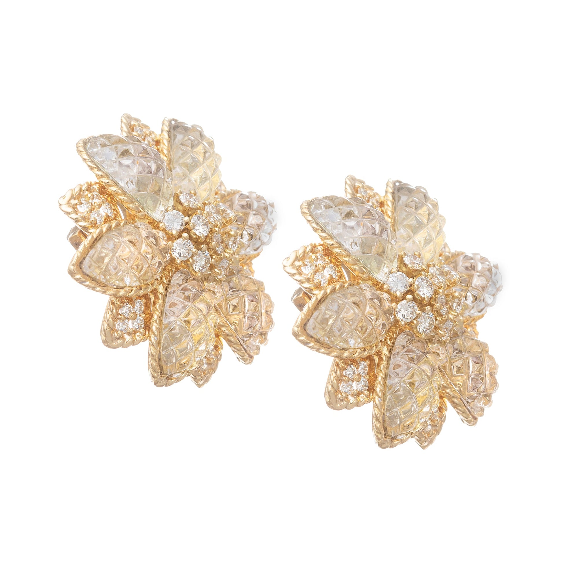 Sabbadini - 18k Gold Rock Crystal Diamond Flowerhead Earrings