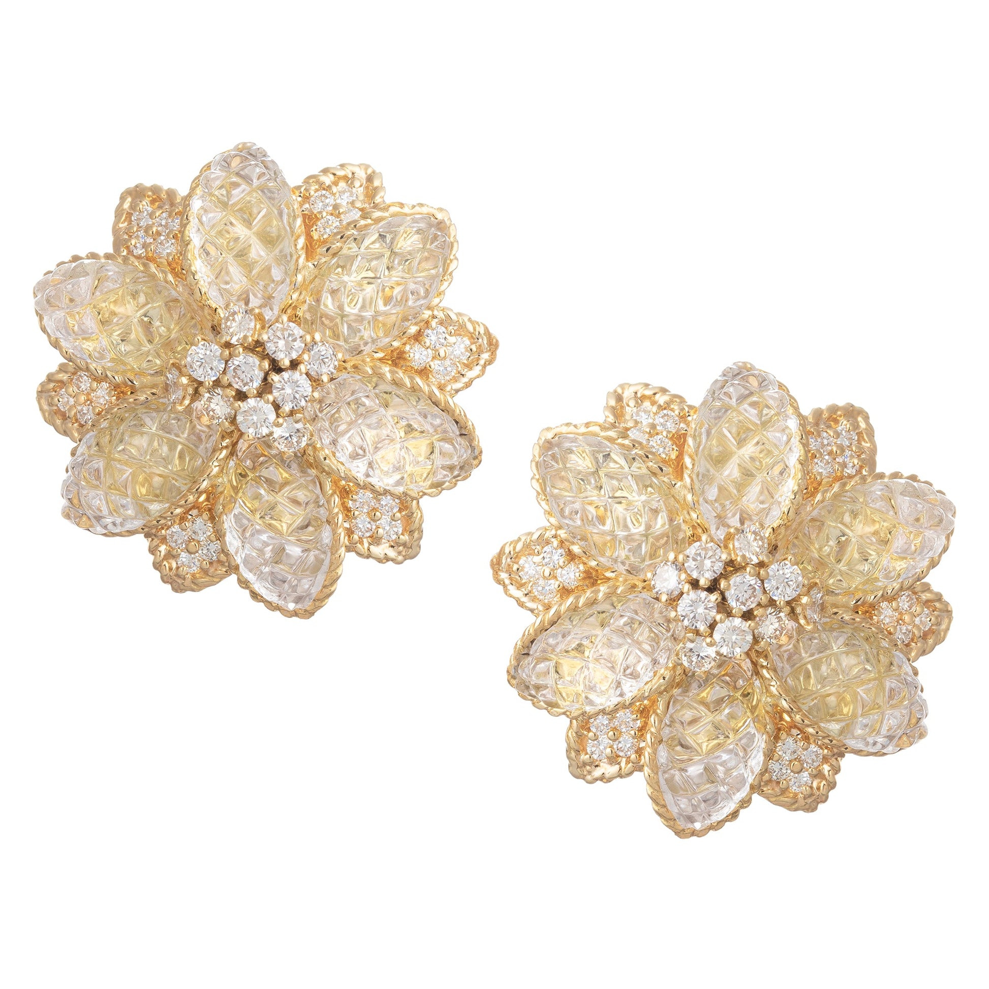 Sabbadini - 18k Gold Rock Crystal Diamond Flowerhead Earrings
