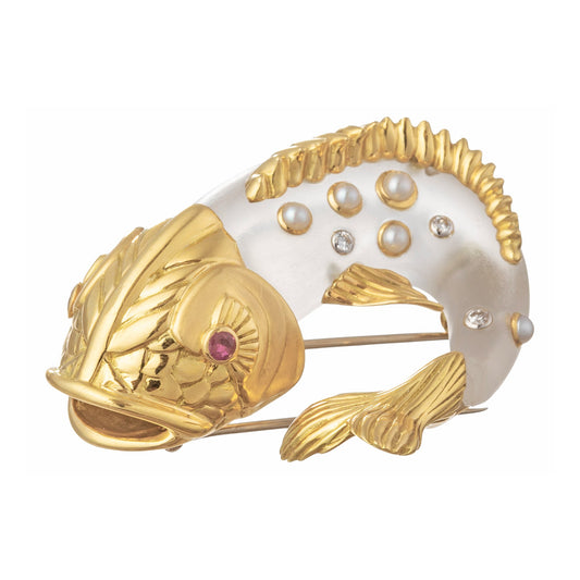 Seaman Schepps - 18k Gold Carved Rock Crystal Pearl Diamond Koi Fish Brooch