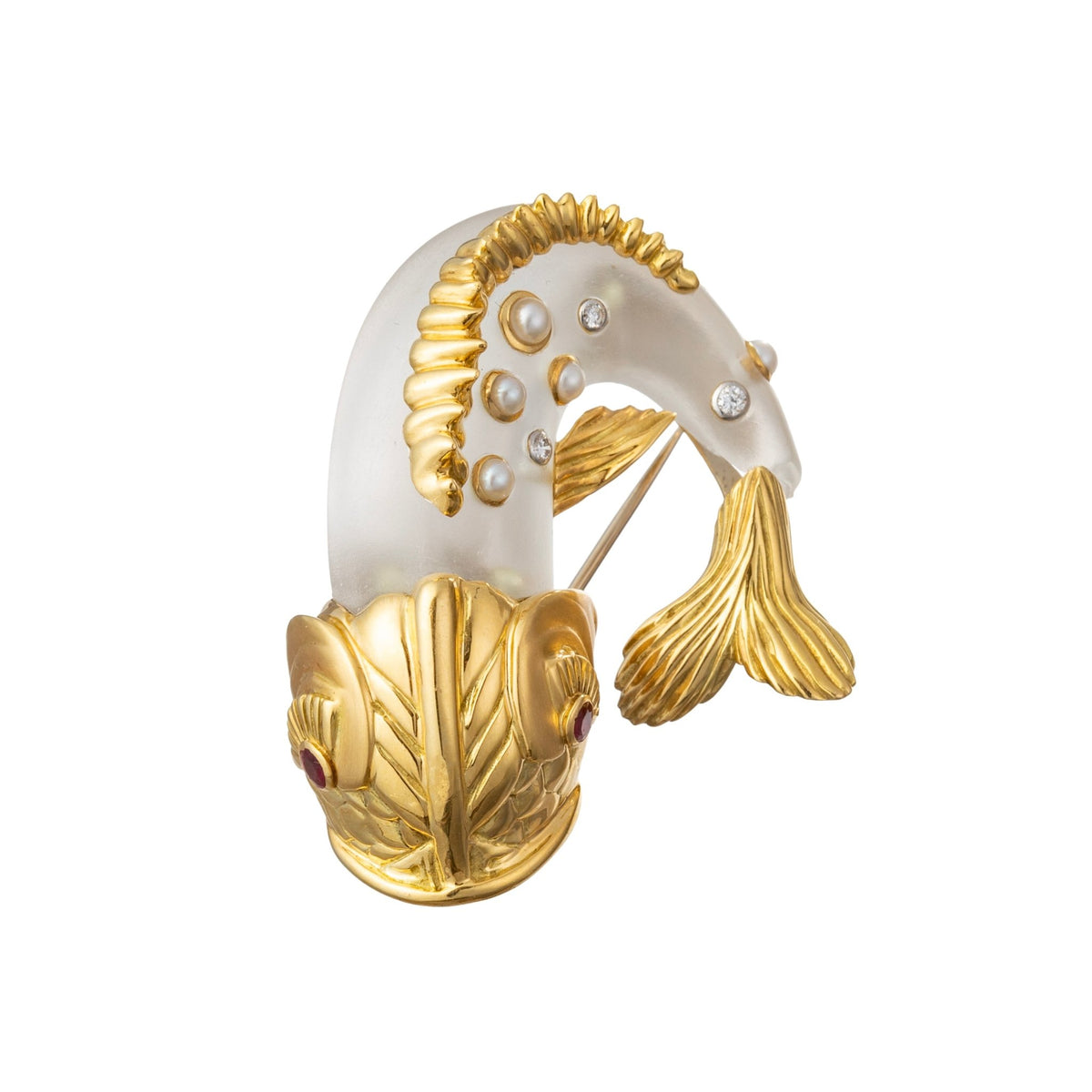 Seaman Schepps - 18k Gold Carved Rock Crystal Pearl Diamond Koi Fish Brooch