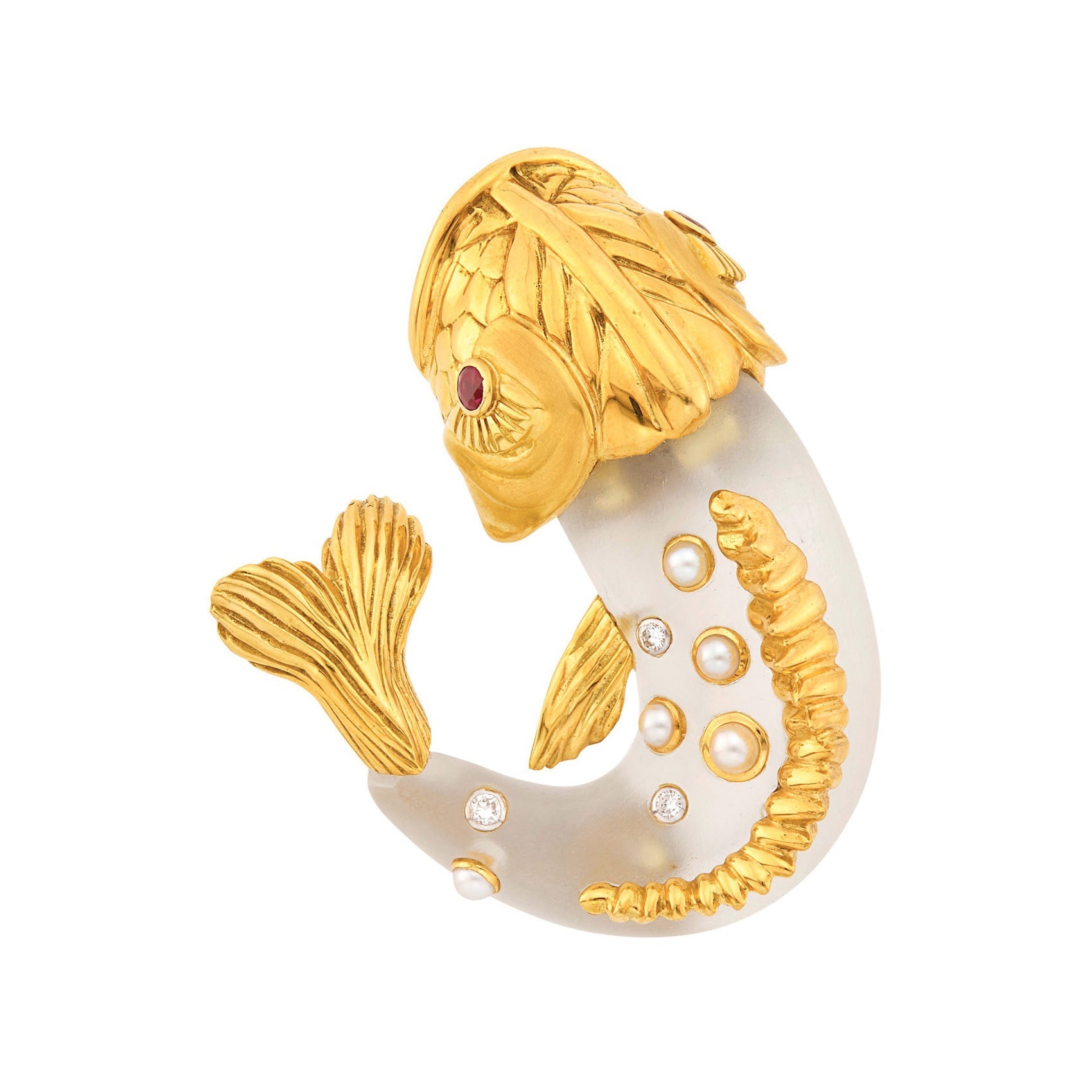 Seaman Schepps - 18k Gold Carved Rock Crystal Pearl Diamond Koi Fish Brooch