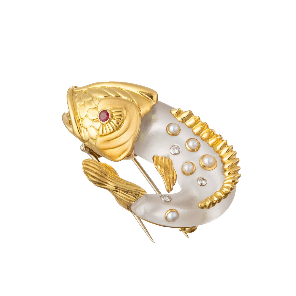 Seaman Schepps - 18k Gold Carved Rock Crystal Pearl Diamond Koi Fish Brooch