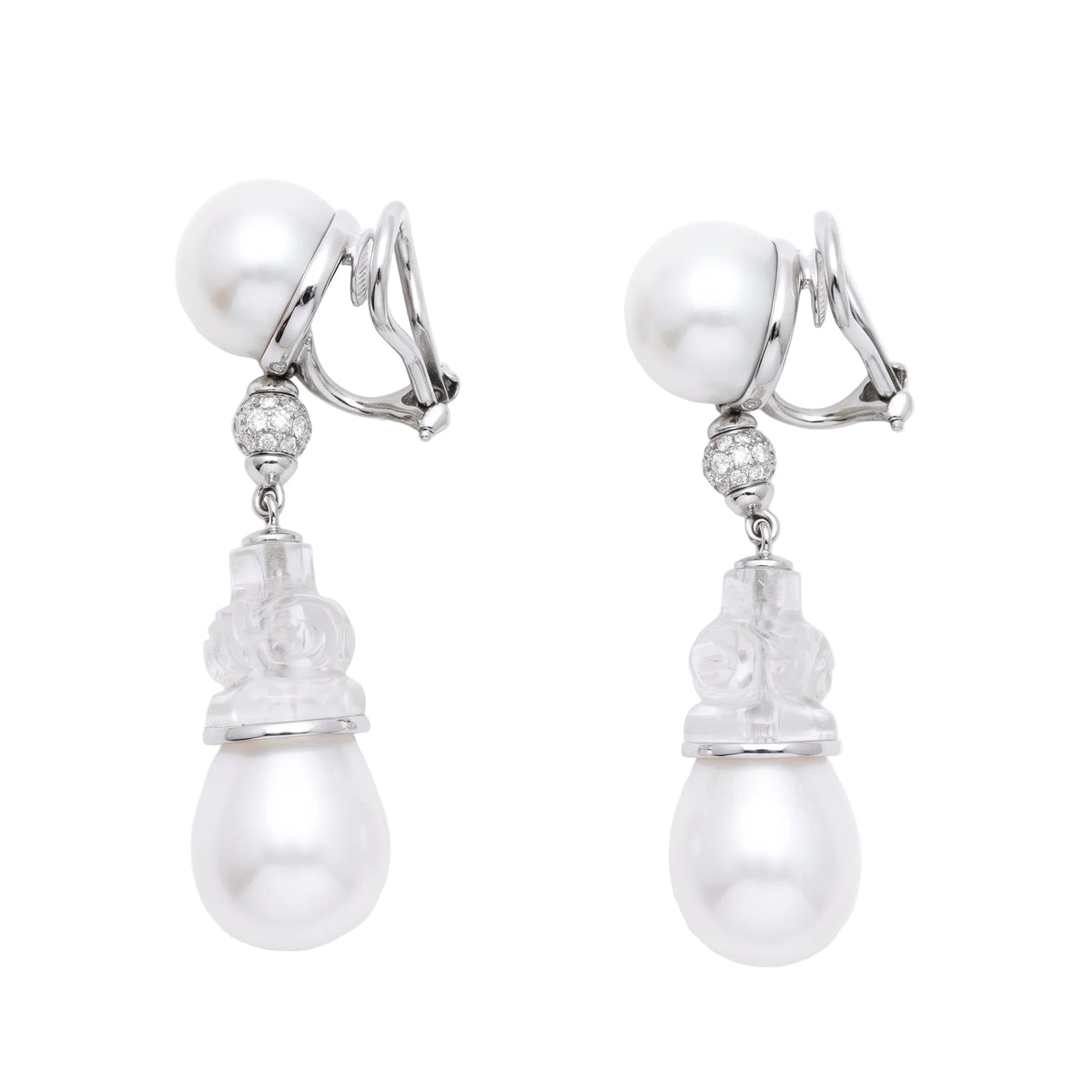 Seaman Schepps - 18k White Gold Pearl Rock Crystal Diamond Drop Earrings