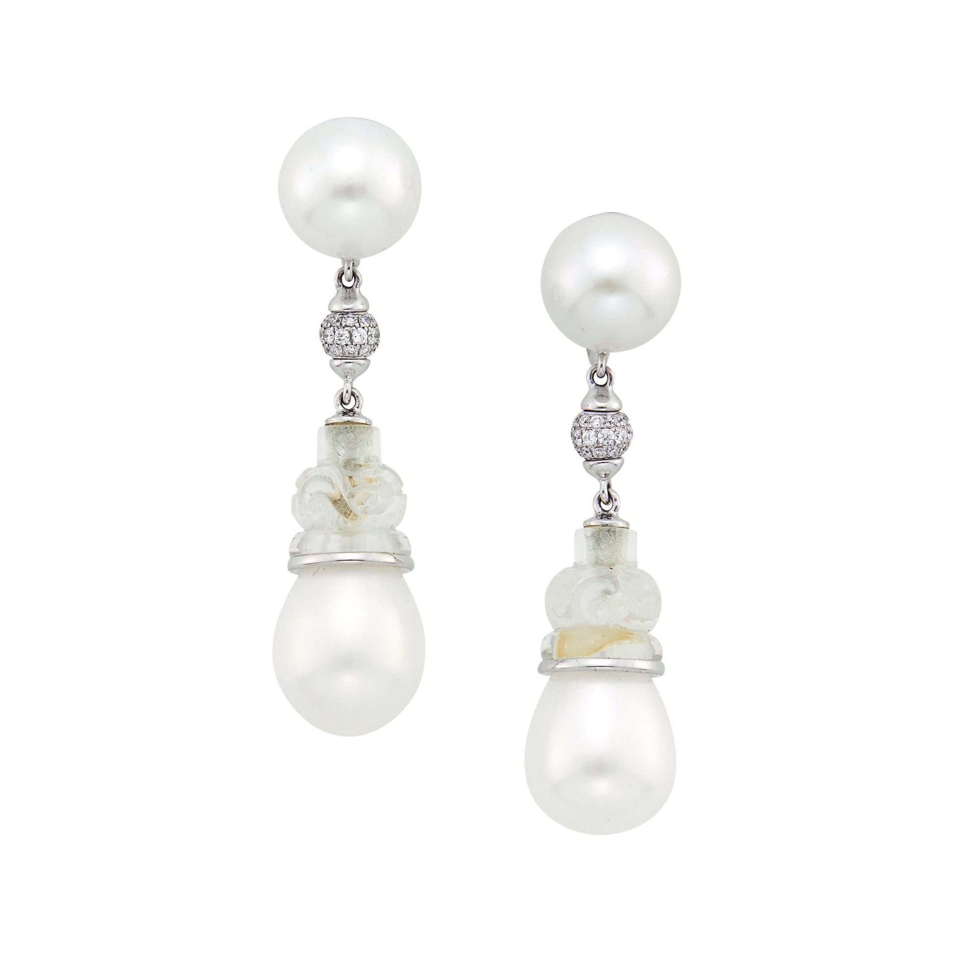 Seaman Schepps - 18k White Gold Pearl Rock Crystal Diamond Drop Earrings