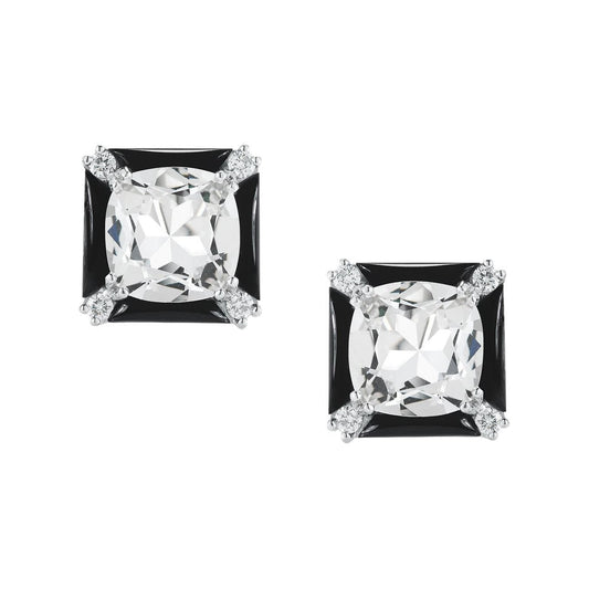 Seaman Schepps - 18k White Gold Rock Crystal Onyx Diamond Carré Earrings