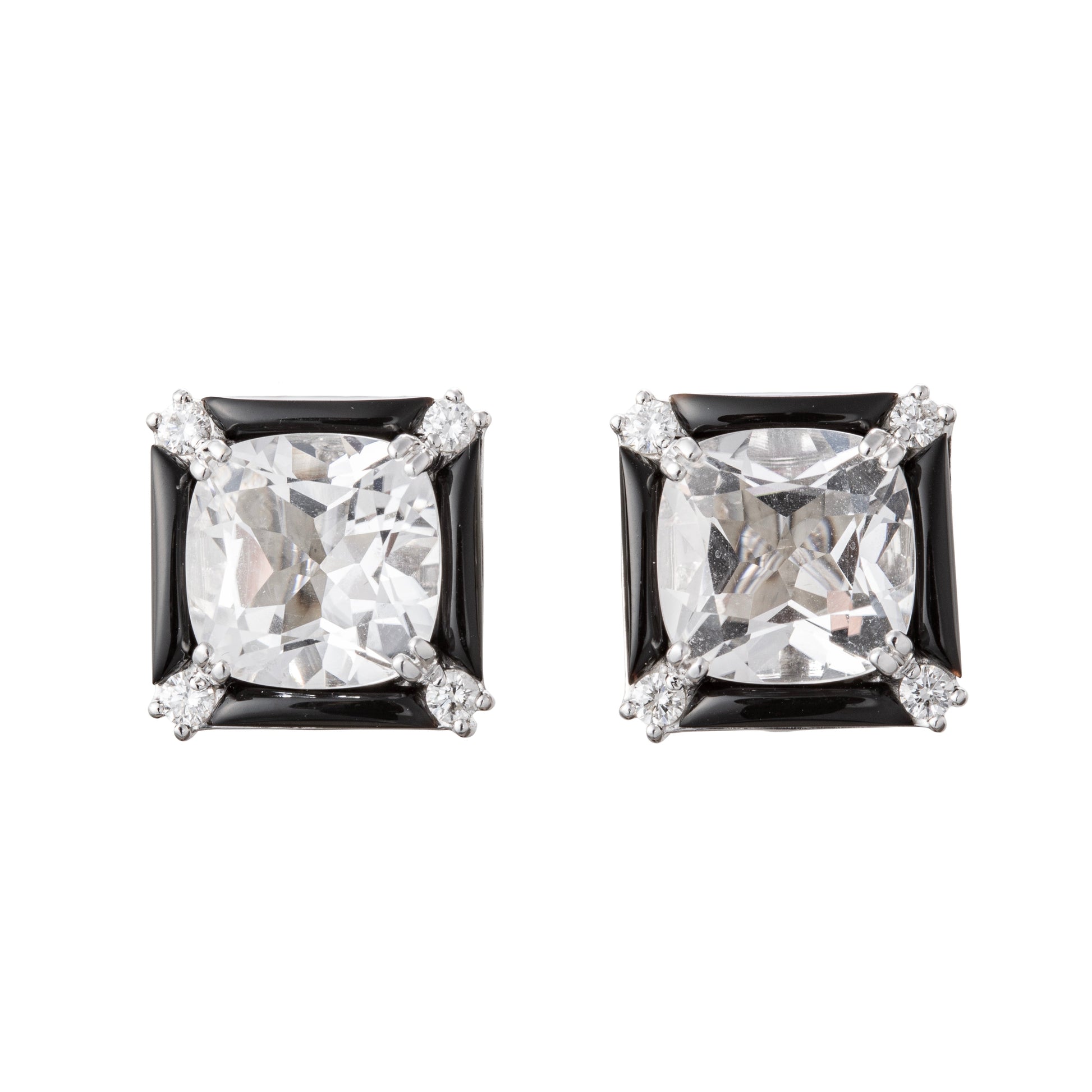 Seaman Schepps - 18k White Gold Rock Crystal Onyx Diamond Carré Earrings