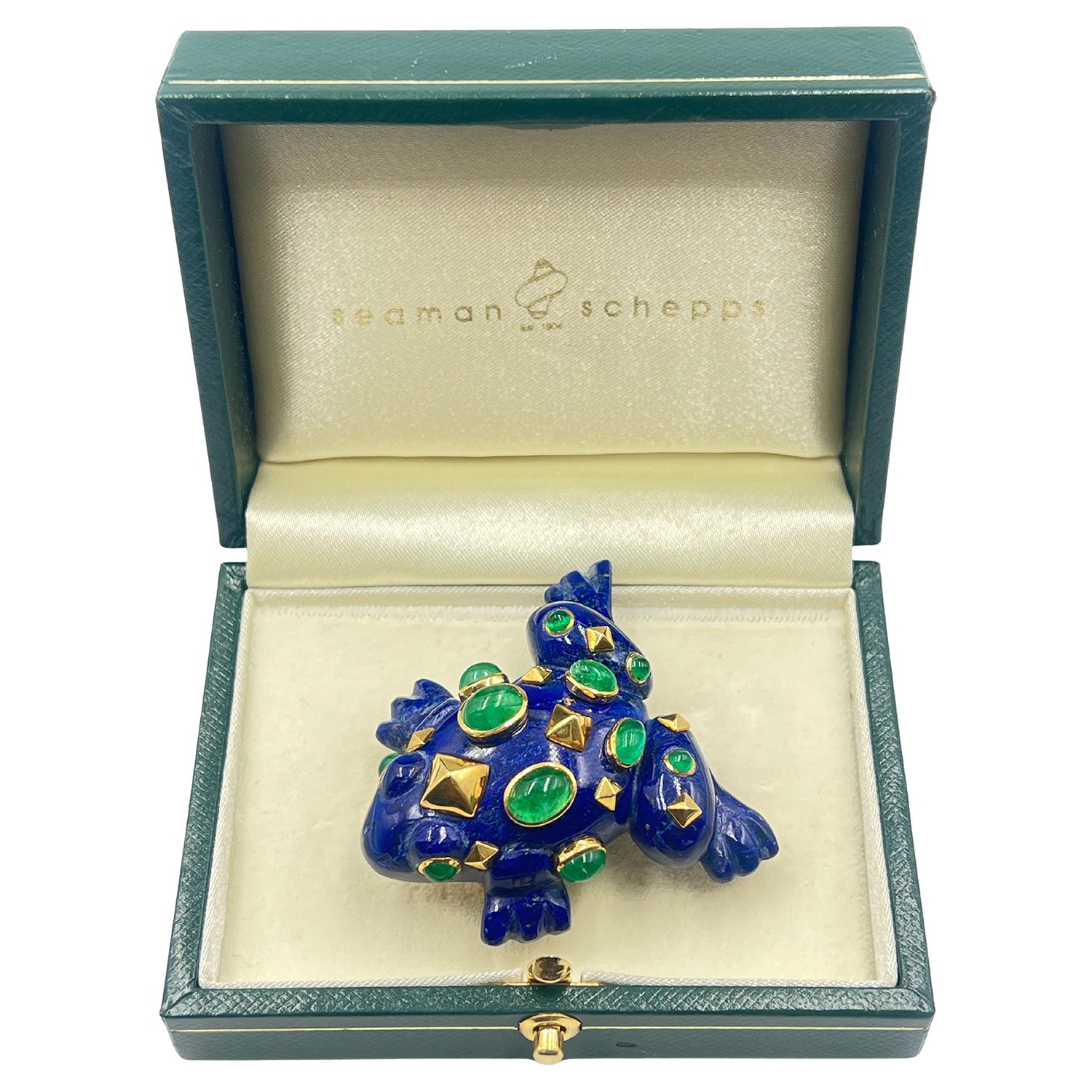 Seaman Schepps - 18k Yellow Gold Lapis Emerald Frog Brooch