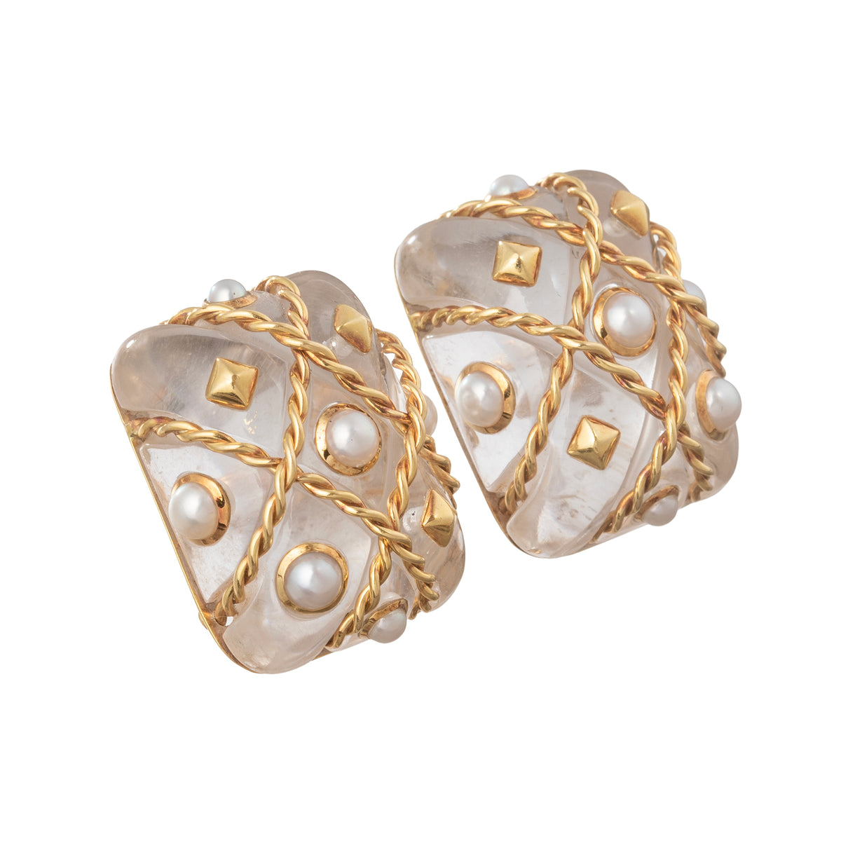 18k Yellow Gold Rock Crystal Pearl Caged Earrings