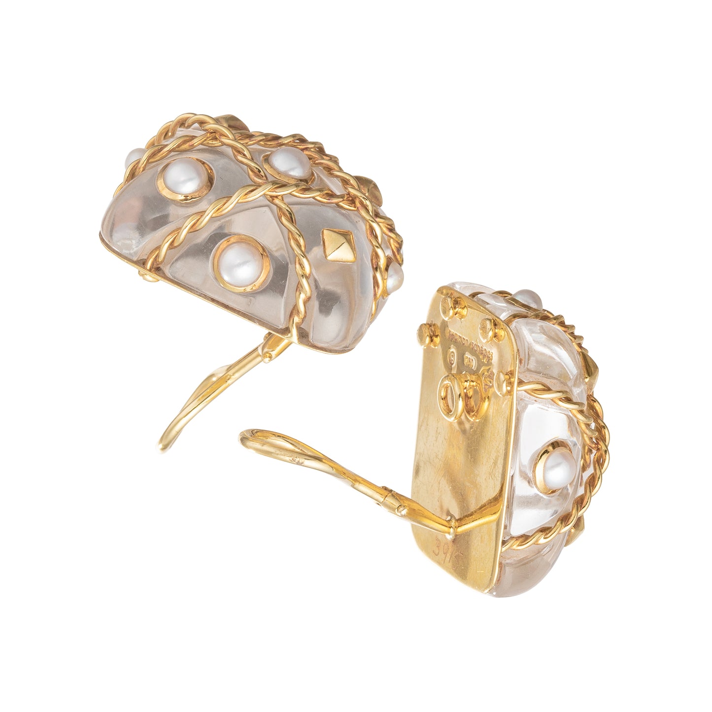 18k Yellow Gold Rock Crystal Pearl Caged Earrings