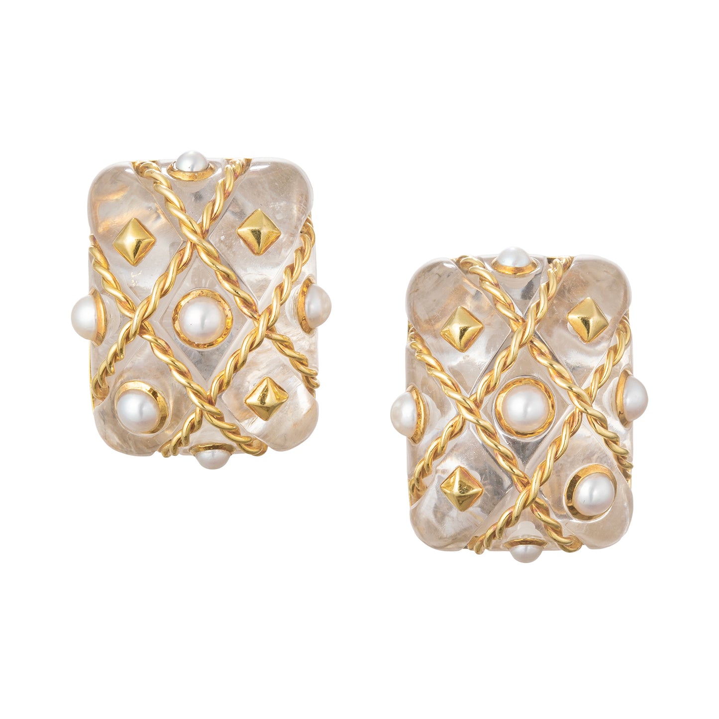 18k Yellow Gold Rock Crystal Pearl Caged Earrings