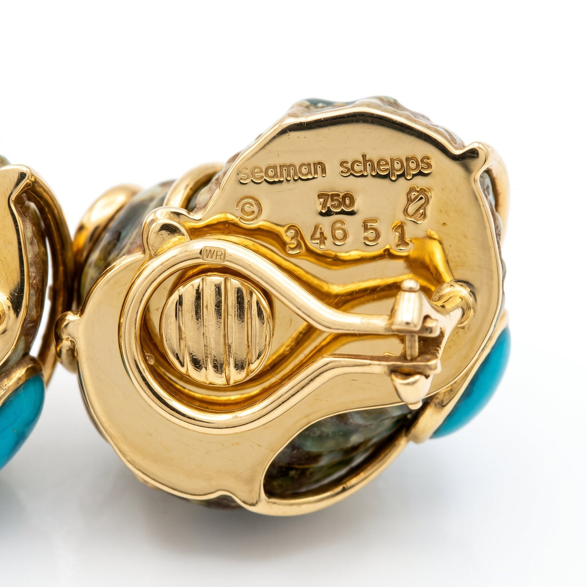 Seaman Schepps - 18k Yellow Gold Turquoise Green Mottled Turbo Shell Earrings