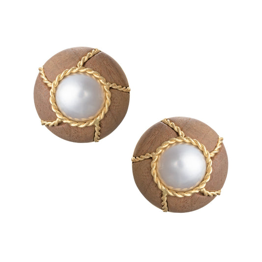 Seaman Schepps - 18k Yellow Gold Wood Mabe Pearl Domed Earrings