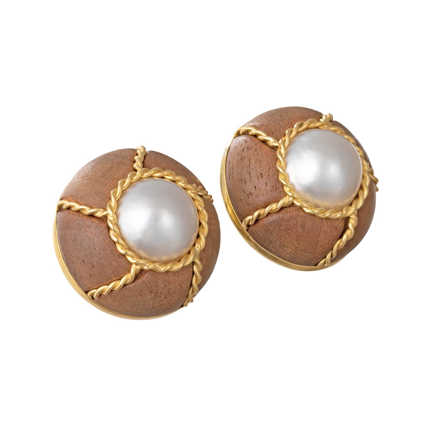 Seaman Schepps - 18k Yellow Gold Wood Mabe Pearl Domed Earrings