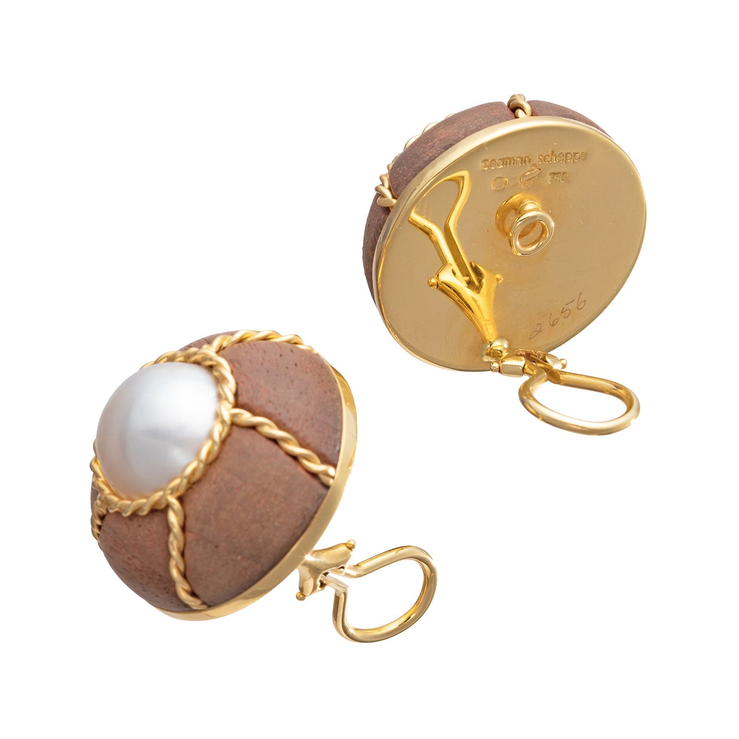 Seaman Schepps - 18k Yellow Gold Wood Mabe Pearl Domed Earrings