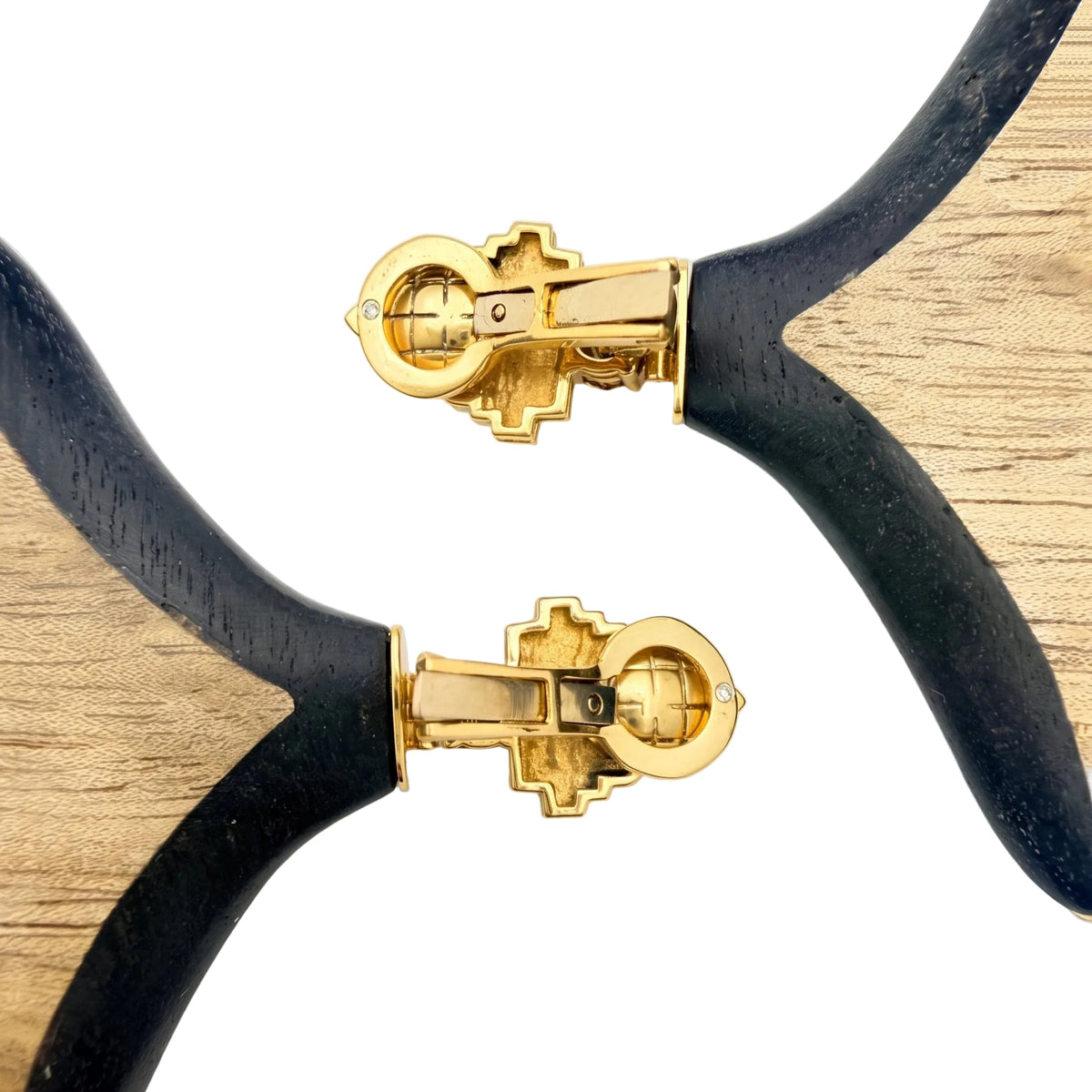 18k Gold Carved Wood Diamond Fanned Leaf Drop Earrings