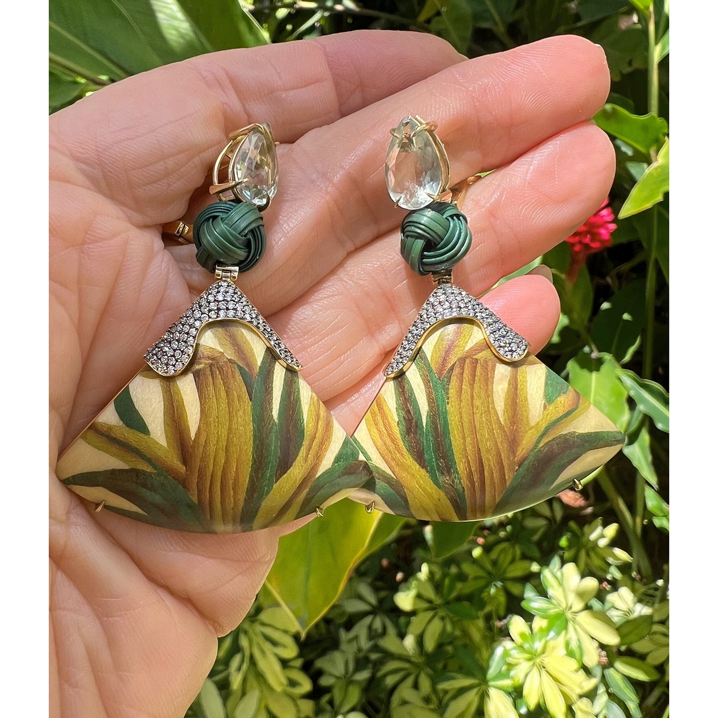 Silvia Furmanovich - 18k Gold Aquamarine Diamond Marquetry Wood Drop Earrings