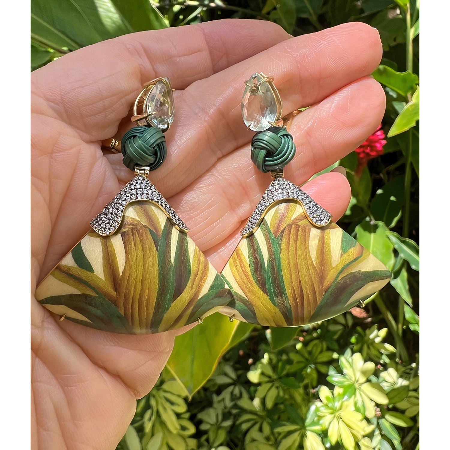 Silvia Furmanovich - 18k Gold Aquamarine Diamond Marquetry Wood Drop Earrings